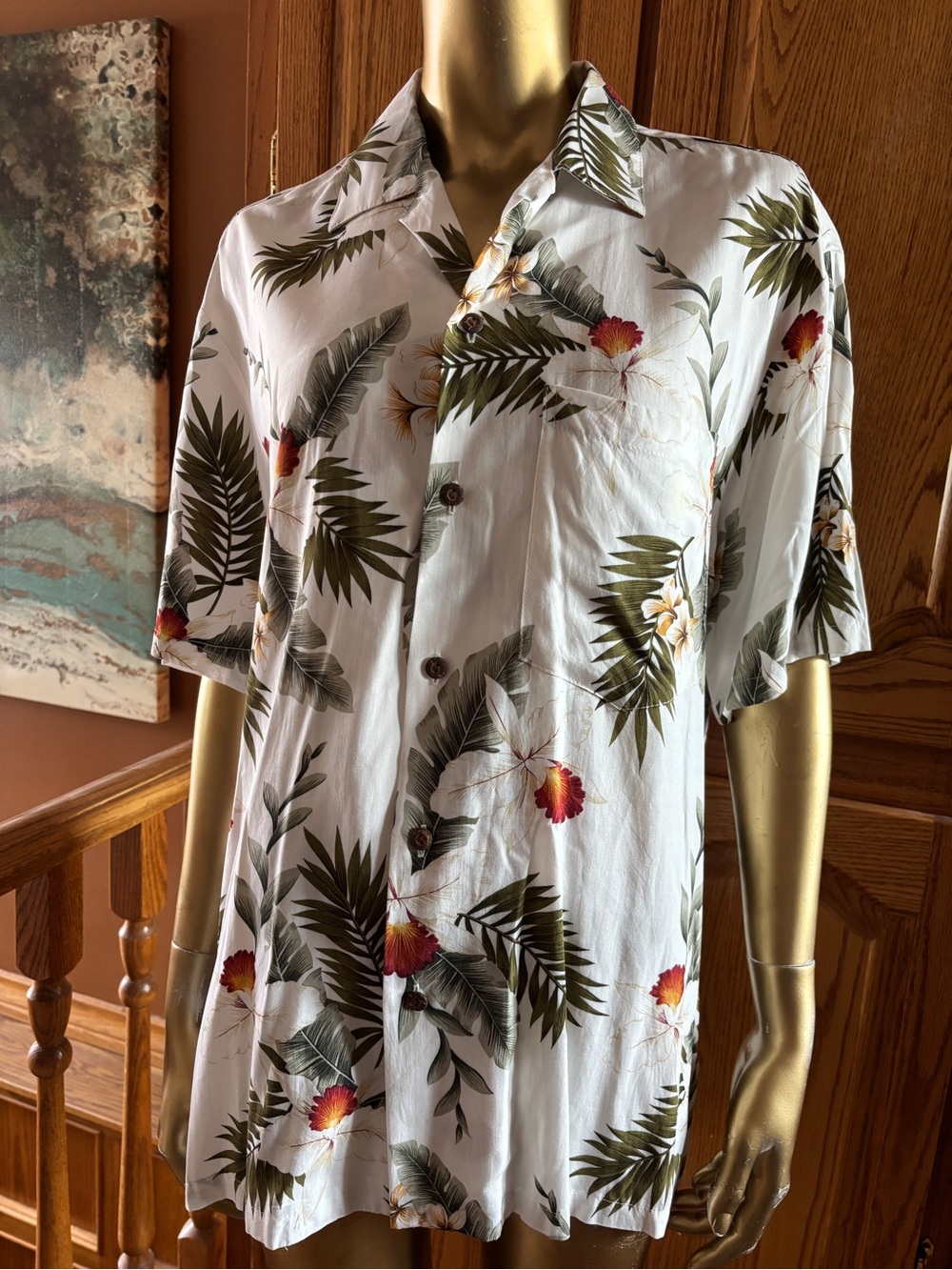 Tropical Floral Short-Sleeve Shirt - White with Green & Red Accents